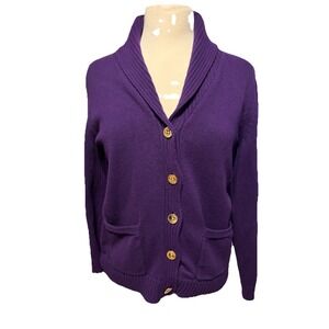Lauren Ralph Lauren Purple Cotton Shawl‎ Collar Cardigan Gold Buttons Size M 4-6
